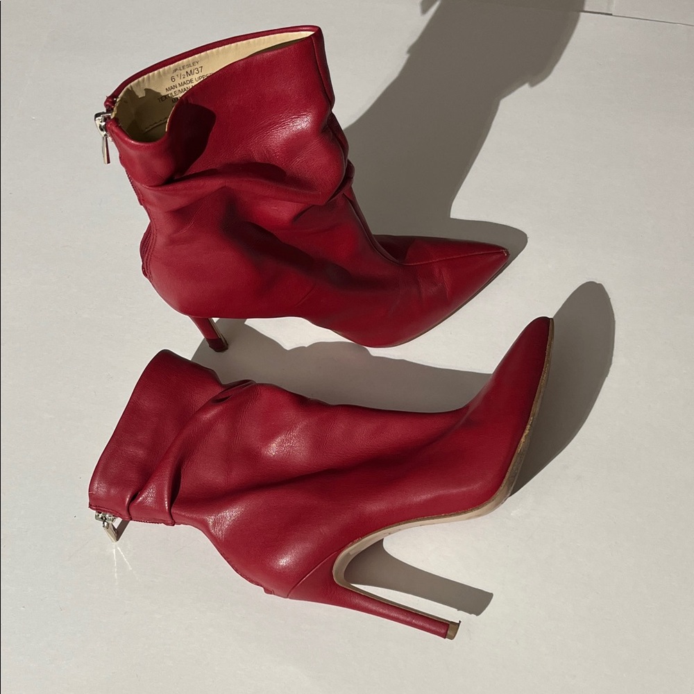 Jessica Simpson Lesley Vegan Leather Red Heeled Booties Boots Zip Up sz 6.5 Fall